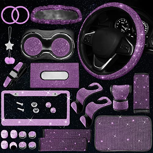 25PCS Bling Car Car Accessories Set,15 Inch Steering Wheel Cover,Shiny License Plate Frame,Center Console Cover and Rearview Mirror Set and Other Car Accessories(Purple) - color: Purple