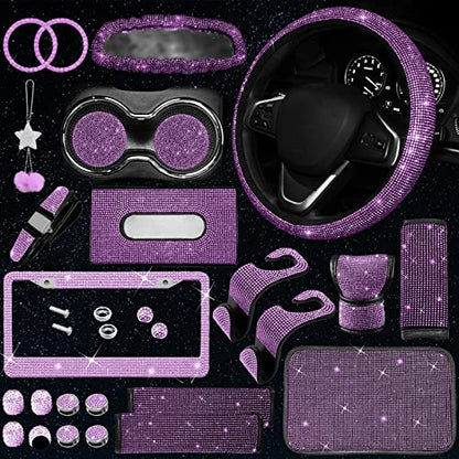 25PCS Bling Car Car Accessories Set,15 Inch Steering Wheel Cover,Shiny License Plate Frame,Center Console Cover and Rearview Mirror Set and Other Car Accessories(Purple) - color: Purple