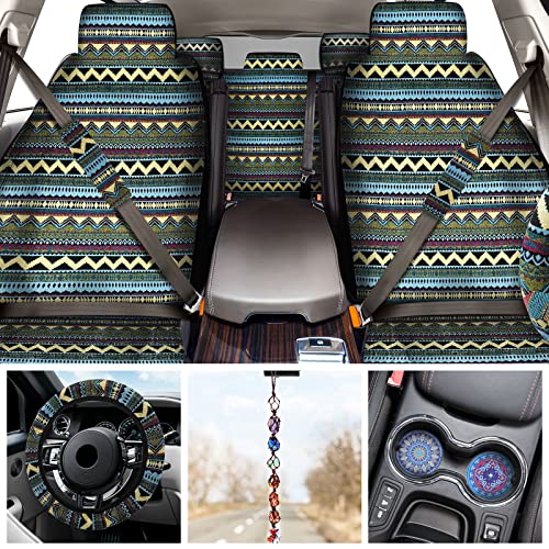 Frienda 14 Pcs Baja Car Seat Covers Full Set Multicolor Stripe Boho Print Steering Wheel Cover Seat Belt Cover Crystal Hanging Ornament Car Holders Fits (Bohemia Style) - style: Bohemia Style