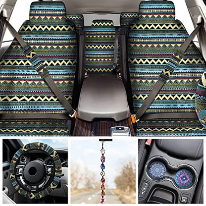Frienda 14 Pcs Baja Car Seat Covers Full Set Multicolor Stripe Boho Print Steering Wheel Cover Seat Belt Cover Crystal Hanging Ornament Car Holders Fits (Bohemia Style) - style: Bohemia Style