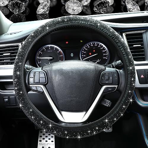 Bling Steering Wheel Cover, Crystal Rhinestone Diamond Steering Cover Universal Fit 15 inch Car Steering Wheel Protector for Women & Girl (Black)