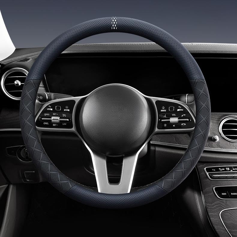 Ultra-Thin Napa Leather Steering Wheel Cover with 3D Anti-Slip Diamond Grip, Breathable Non-Bulky Design, Universal Fit 15 Inch for Cars & SUVs - color: black&navy blue