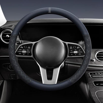 Ultra-Thin Napa Leather Steering Wheel Cover with 3D Anti-Slip Diamond Grip, Breathable Non-Bulky Design, Universal Fit 15 Inch for Cars & SUVs - color: black&navy blue