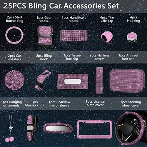 25PCS Bling Car Car Accessories Set,15 Inch Steering Wheel Cover,Shiny License Plate Frame,Center Console Cover and Rearview Mirror Set and Other Car Accessories(Pink) - color: Pink