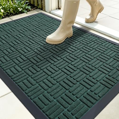 OLANLY Front Door Mat Outside Entrance 35x23, Absorbent, Heavy Duty Sturdy Natural Rubber Doormat Indoor Outdoor, Non-Slip, Stain and Fade Resistant, Low Profile Floor Mat for Entryway, Black Green - color: Black Green, size: 35" X 23"
