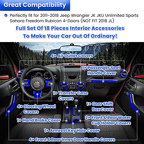 E-cowlboy 18 PCS Full Set Interior Decoration Trim Kit Steering Wheel Center Console Door Handle Air Conditioning Vent Cup Holder Gear Cover Trim for Jeep Wrangler JK JKU 2011-2018 4-Door (Blue) - color: Blue
