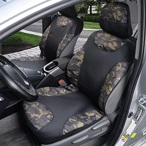 BDK Waterproof Camo Seat Covers for Car Truck Van SUV, 2 Pack – Two-Tone Black & Camouflage, Durable Neoprene Seat Protectors, Sideless Design Compatible with Armrests and Airbags - color: Wateproof Front Seat Covers