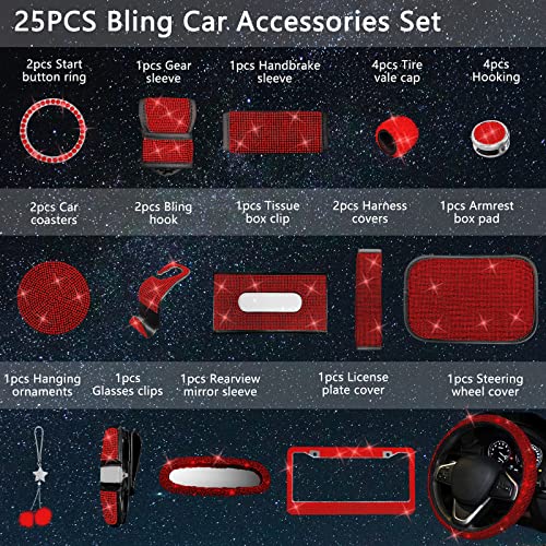 25PCS Bling Car Car Accessories Set,15 Inch Steering Wheel Cover,Shiny License Plate Frame,Center Console Cover and Rearview Mirror Set and Other Car Accessories(Red) - color: Red