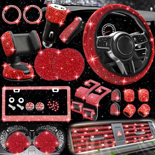 NBTEPEM 27 PCs Red Bling Car Accessories Set for Women, Steering Wheel Covers Universal Fit 15 Inch, Bling License Plate Frame, Bling Phone Holder, Bling Car Coasters (Red Diamond) - color: Red Diamond