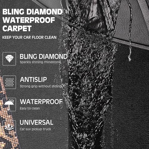 CAR PASS Bling Diamond Car Floor Mats, Shining Rhinestone Carpet Sparkly Glitter Crystal with Anti-Slip PVC Heel Pad Waterproof Universal Fit Automotive SUV,Sedan,Van,Cute Girl Women,4pcs Gold Leopard - color: Gold Leopard