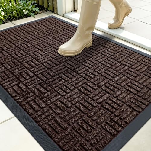 OLANLY Front Door Mat Outside Entrance 35x23, Absorbent, Heavy Duty Sturdy Natural Rubber Doormat Indoor Outdoor, Stain and Fade Resistant, Non-Slip Backing Low Profile Floor Mat for Entryway, Brown - color: Brown, size: 35" X 23"