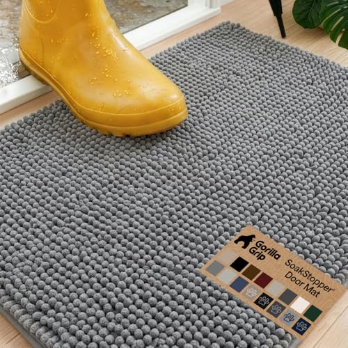 GORILLA GRIP SoakSTOPPER Dog Door Mat, Machine Washable Rug Absorbent Doormat Captures Moisture Mud Dirt, Quick Dry Soft Chenille Entryway Rugs Indoor Entrance Mats for Dog Paws, 24x17 Grey - color: Grey, size: 24" X 17"