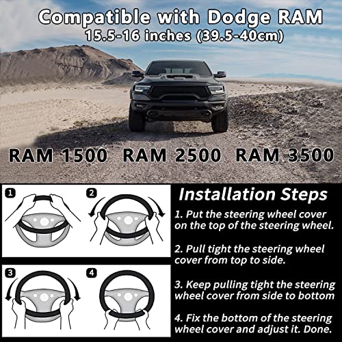 Leather Steering Wheel Cover for Dodge Ram 1500 2500 3500, 15.5-16 Inches Car Steering Wheel Cover with Anti-Slip Massage Particle (Black) - color: Black