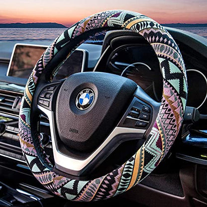 Valleycomfy Cloth Steering Wheel Covers for Women Bohemian Universal 15 inch Baja Blanket Enthic Maya - color: ClothB