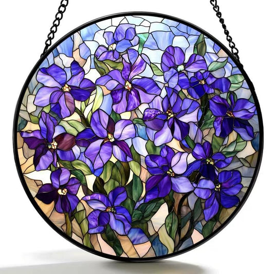 Stained Glass Window Hanging Lilac Stained Glass Style Suncatcher Round Purple Flower Window Hanging Decorative Panel Sun Catcher for Home Window Garden Gift - color: Lilac Stained Glass Style Suncatcher, size: 14.9x14.9 INCH