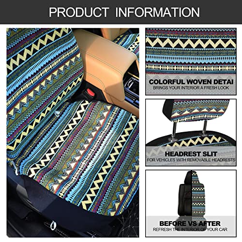 Frienda 14 Pcs Baja Car Seat Covers Full Set Multicolor Stripe Boho Print Steering Wheel Cover Seat Belt Cover Crystal Hanging Ornament Car Holders Fits (Bohemia Style) - style: Bohemia Style