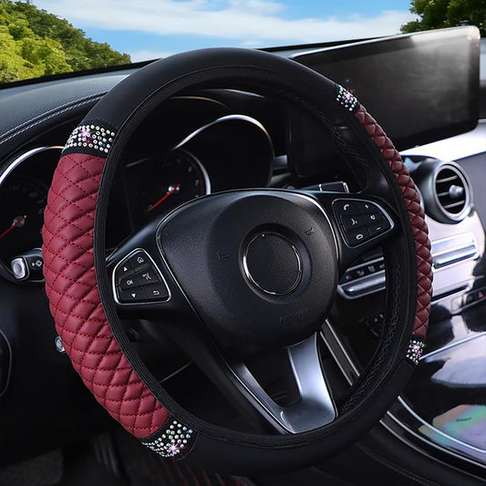 Microfiber Leather Steering Wheel Cover with Anti-Slip Lining Universal Car Accessory for Steering Wheel with a Diameter of 14.5-15 inch (Wine red) - color: Wine red