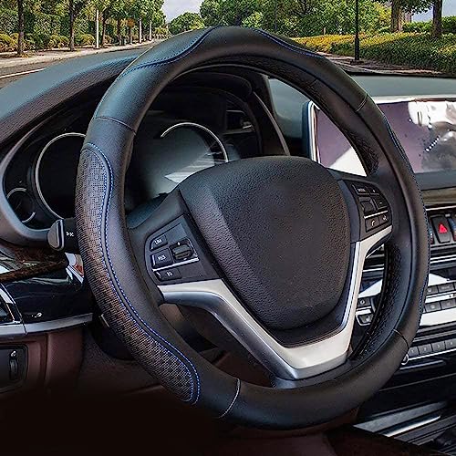 Valleycomfy Leather Steering Wheel Covers Universal 15 inch -Breathable, Anti Slip & Odor Free (Black with Blue Lines,M(14" 1/2-15" 1/4)) - color: Blue, size: M(14"1/2-15"1/4)