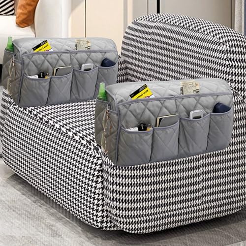 MEHIDFY Armchair Caddy Remote Control Holder for Couch Recliner Armrest Organizer Non Slip Couch Arm Covers for Sofa with 14 Pockets Storage for Magazine, Tablet, Phone, iPad (Grey 2pcs) - color: Grey 2pcs