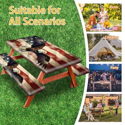 Park Picnic Table Cover with Bench Covers Lightweight Camping Essentials, Oil-Proof Waterproof 3PCS Tablecloth with Elastic, Fitted for Table 6FT Rectangle and Seats, American Flag Eagle (72x30in)