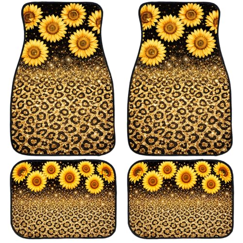 Black Gold Leopard Print Car Floor Mats Set of 4 Cheetah Sunflower Automotive Foot Mats Rugs Carpet for Car Non-Slip Auto Car Accessories Universal Fit for Car SUV Truck Van - color: Black Gold Leopard Print