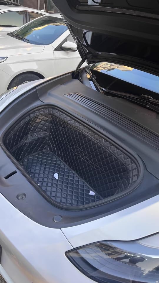 Compatible with Tesla Model Y 2020-2025 Frunk Mats Front Trunk Mat Frunk Organizer Leather All-Weather Full Coverage - color: Black with Black Stitching, size: 2020-2025 Front Trunk Mat