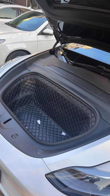Compatible with Tesla Model Y 2020-2025 Frunk Mats Front Trunk Mat Frunk Organizer Leather All-Weather Full Coverage - color: Black with Black Stitching, size: 2020-2025 Front Trunk Mat