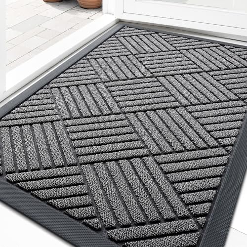OLANLY Front Door Mat Outside Entrance 29.5x17, Absorbent, Heavy Duty Sturdy Natural Rubber Doormat Indoor Outdoor, Stain and Fade Resistant, Non-Slip Low Profile Floor Mat for Entryway, Grey Diamond - color: Grey Diamond, size: 29.5" X 17"