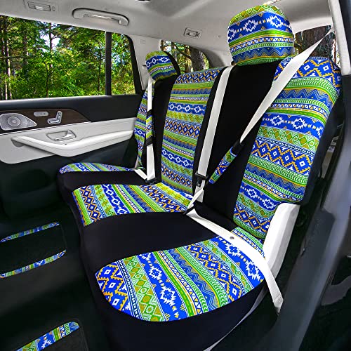 FH Group Full Set Southwestern Print Cloth Car Seat Covers Combo Set with Carpet Floor Mats, Universal Fit, Washable Seat Cover for SUV, Sedan, Green - color: Green