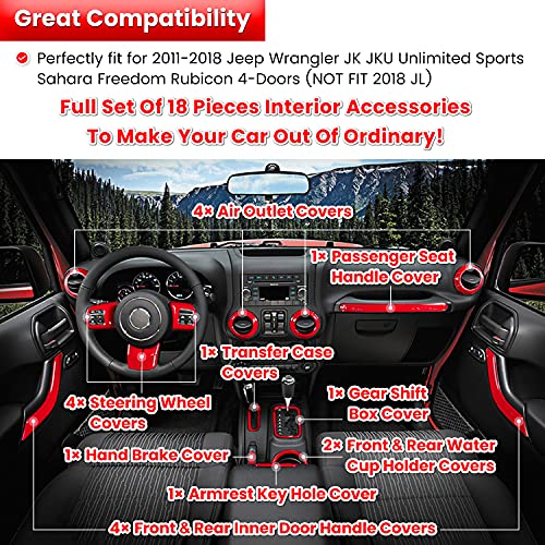 E-cowlboy 18 PCS Full Set Interior Decoration Trim Kit Steering Wheel Center Console Door Handle Air Conditioning Vent Cup Holder Gear Cover Trim for Jeep Wrangler JK JKU 2011-2018 4-Door (Red) - color: Red