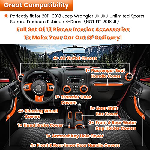 E-cowlboy 18 PCS Full Set Interior Decoration Trim Kit Steering Wheel Center Console Door Handle Air Conditioning Vent Cup Holder Gear Cover Trim for Jeep Wrangler JK JKU 2011-2018 4-Door (Orange) - color: Orange