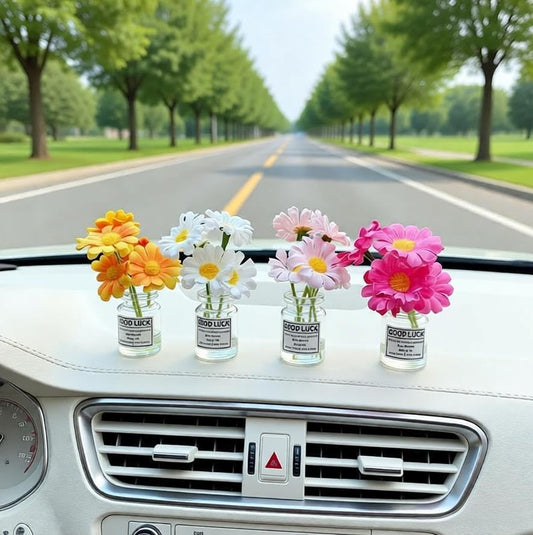 Daisy Car Dashboard Decorations - 4 Pack Mini Floral Accessories for Women - Secure Adhesive & Residue-Free Removable Vases for New Car Gift