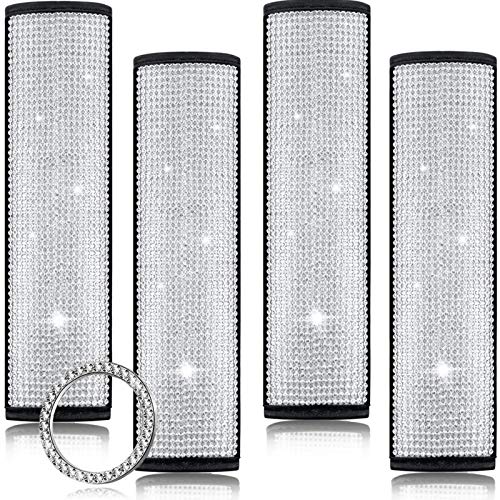 5 Pack Bling Seat Belt Covers Rhinestones Car Seat Belt Strap Shoulder Pad for Women with Crystal Diamond Soft Rhinestone Start Button Universal Interior Accessories for Car SUV