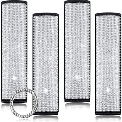 5 Pack Bling Seat Belt Covers Rhinestones Car Seat Belt Strap Shoulder Pad for Women with Crystal Diamond Soft Rhinestone Start Button Universal Interior Accessories for Car SUV