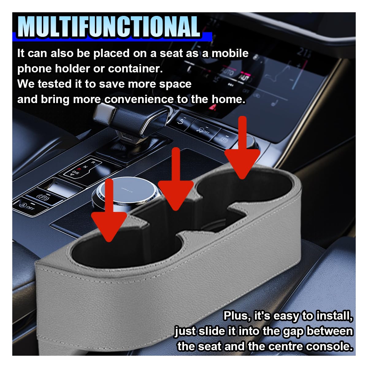ZIMISI Car Cup Holder, PU Leather Auto Front Console Gap Filler Organizer, Multifunctional Cup Drink Holder, Car Seat Gap Filler Storage Box, Coin Bucket, Cell Mobile Phone Holder (Grey) - color: Grey