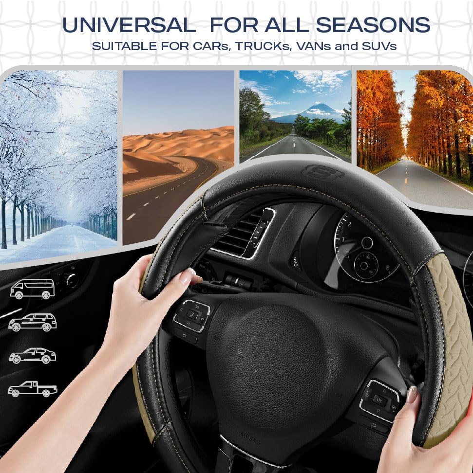 Skechers Steering Wheel Cover,Max Cushioning Leather Steering Wheel Cover Universal Fit 14" 1/2-15" Car Wheel Protector for Men Women Fit Suvs,Vans,Sedans,Car,Trucks,Beige - color: Beige