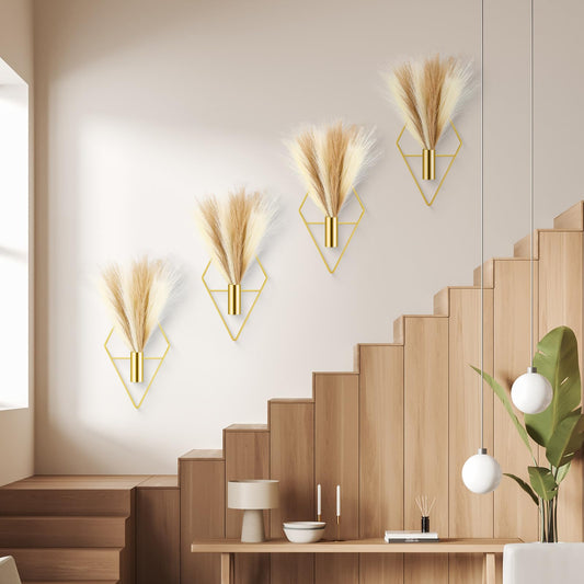Hanaive 4 Sets Boho Gold Wall Decor Metal Wall Art Hanging Planters with Artificial Pampas Display Art Modern Home Metal Vase for Bedroom Living Room Home Office(Gold, Beige, Dark Coffee) - color: Gold, Beige, Dark Coffee, style: Classic
