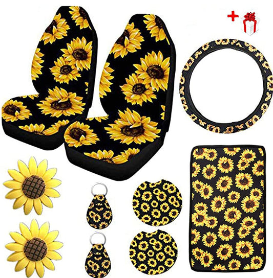 10PCS Sunflower Accessories for Car Wheel Cover,2PCS Front Seat Covers Sunflower Gifts for Women,Pattern Center Pad,Cup Holder Coaster Keyring Car Vent Coaster,Universal for Auto Truck SUV - color: Sunflower