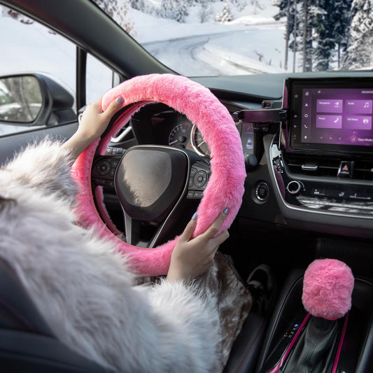 SEG Direct Furry Car Steering Wheel Cover with Fluffy Gear Shift Cover Soft Warm Non-Slip Car Decoration for Women Girls 2 PCS Set, Pink - color: Pink