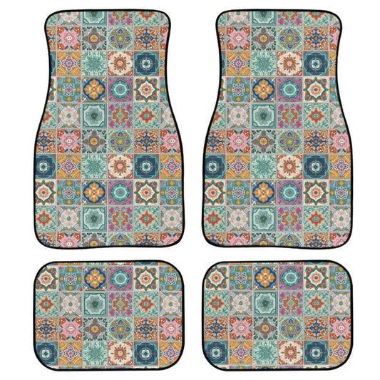 Moroccan Tiles Car 4 Piece Floor Mat Set Retro Multi-Colour Geometry Floral Universal Fit All Models Protection Heavy Duty Heel Pad Fit Car Floor Front and Rear 2 Rows Set - color: Moroccan Tiles Geometry