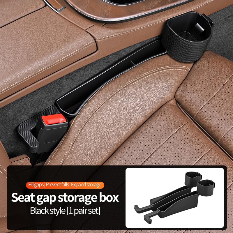 Car Seat Gap Filler Organizer, 2PCS Car Seat Gap Plug with Storage Slot, 3-in-1 Seat Gap Filler with Cup Holder & Hooks, Car Interior Organizer for Sedans SUVs Trucks, Black (2)