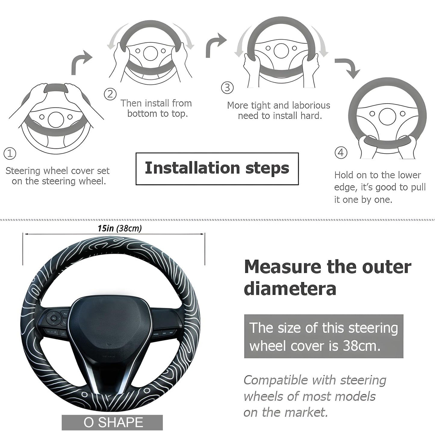 Topography Steering Wheel Cover Auto Leather Steering Wheel Protector, Anti-Slip, Breathable, Absorbing Sweat, Universal Topography Car Accessories 14.5–15 inch,Fit for Most Car, Trucks, SUV - style: Topography