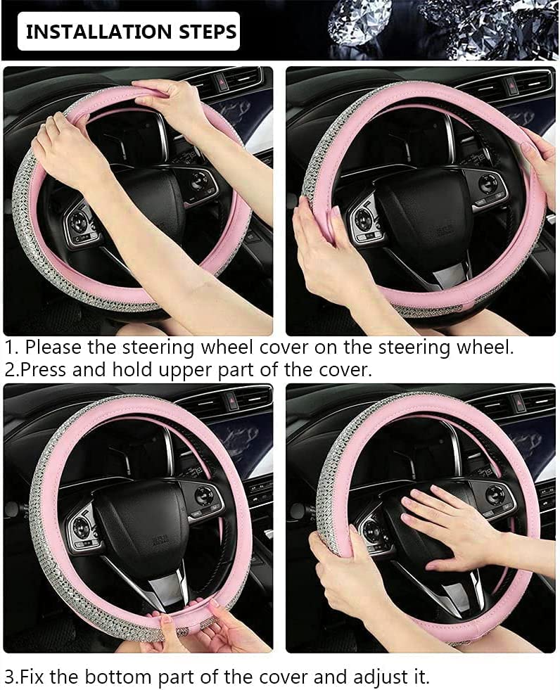 Bling Diamond Leather Steering Wheel Cover, Pink Steering Wheel Covers for Women Girls with Crystal Rhinestones, Universal Fit 14.5“-15" Car Steering Wheel Bling Cover Accessories - color: Crystal White Diamond