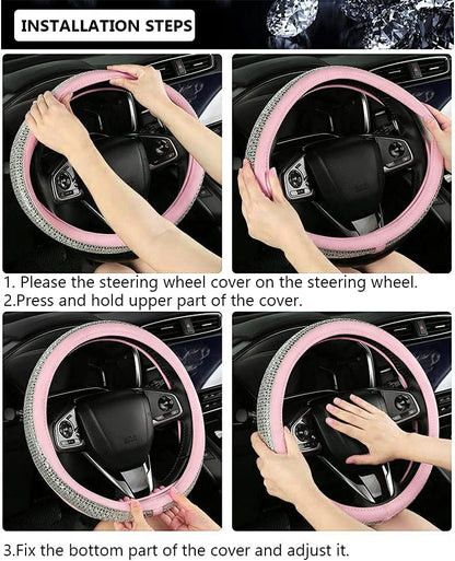 Bling Diamond Leather Steering Wheel Cover, Pink Steering Wheel Covers for Women Girls with Crystal Rhinestones, Universal Fit 14.5“-15" Car Steering Wheel Bling Cover Accessories - color: Crystal White Diamond