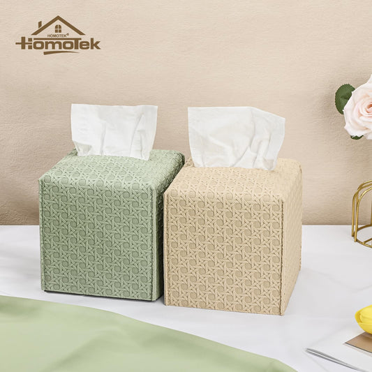 HOMOTEK 2 Pack Tissue Box Cover, Square PU Leather Tissue Holder, Decorative Facial Tissue Cube Paper Organizer Dispenser for Bathroom, Night Stands, Desk, Car 5X5X5'' - Rattan Weave,Beige - color: Beige, size: Rattan Weave